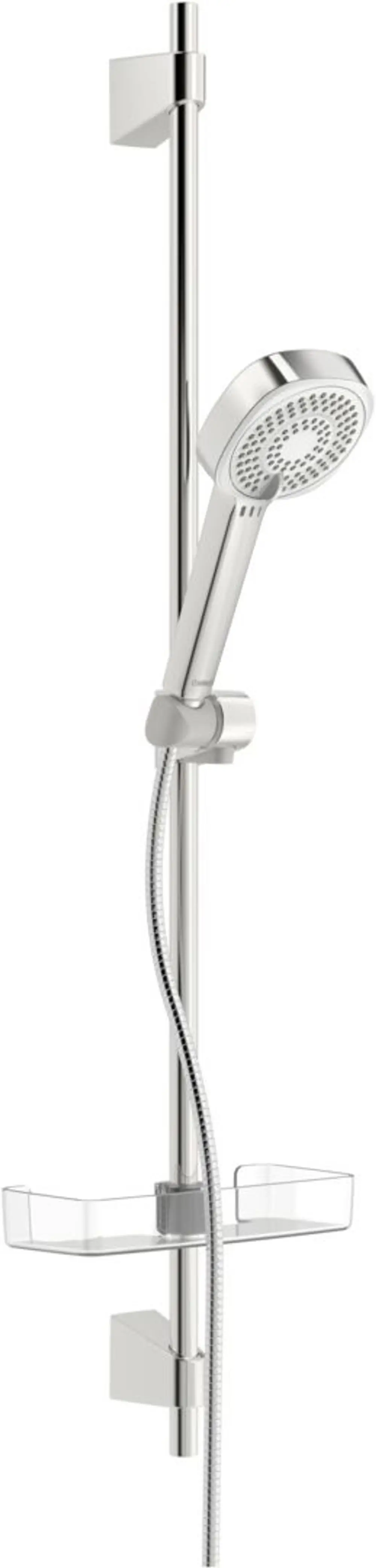 Wandstangengarnitur aus verchromtem Material mit Handbrause und Ablage, montiert an der Wand. Produkt von HANSA, geeignet für Duschen.